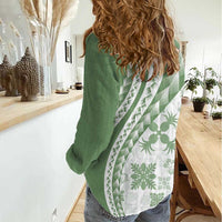 Green Hawaiian Quilt Pattern Women Casual Shirt Mixed Polynesian Tribal Arty LT9 - Polynesian Pride