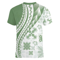 Green Hawaiian Quilt Pattern Women V-Neck T-Shirt Mixed Polynesian Tribal Arty