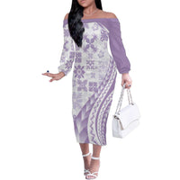 Purple Hawaiian Quilt Pattern Family Matching Off The Shoulder Long Sleeve Dress and Hawaiian Shirt Mixed Polynesian Tribal Arty LT9 Mom's Dress Purple - Polynesian Pride
