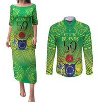 Cook Islands Constitution Day Couples Matching Puletasi and Long Sleeve Button Shirt Kuki Airani Since 1965 LT9 Green - Polynesian Pride