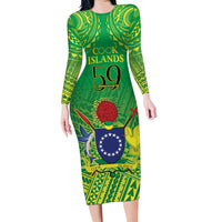 Cook Islands Constitution Day Family Matching Long Sleeve Bodycon Dress and Hawaiian Shirt Kuki Airani Since 1965 LT9 Mom's Dress Green - Polynesian Pride
