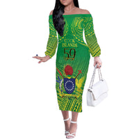 Cook Islands Constitution Day Family Matching Off The Shoulder Long Sleeve Dress and Hawaiian Shirt Kuki Airani Since 1965 LT9 Mom's Dress Green - Polynesian Pride