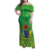 Cook Islands Constitution Day Family Matching Off Shoulder Maxi Dress and Hawaiian Shirt Kuki Airani Since 1965 LT9 Mom's Dress Green - Polynesian Pride