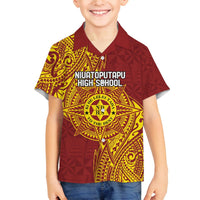 Personalised Tonga Niuatoputapu High School Family Matching Off The Shoulder Long Sleeve Dress and Hawaiian Shirt Special Kupesi Pattern LT9 Son's Shirt Gold - Polynesian Pride
