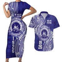 Personalised Tonga Queen Salote College Couples Matching Short Sleeve Bodycon Dress and Hawaiian Shirt Kolisi Fefine 1926 Special Kupesi Pattern LT9 Blue - Polynesian Pride