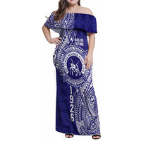 Personalised Tonga Queen Salote College Family Matching Off Shoulder Maxi Dress and Hawaiian Shirt Kolisi Fefine 1926 Special Kupesi Pattern LT9 Mom's Dress Blue - Polynesian Pride