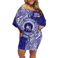 Personalised Tonga Queen Salote College Family Matching Off Shoulder Short Dress and Hawaiian Shirt Kolisi Fefine 1926 Special Kupesi Pattern LT9 Mom's Dress Blue - Polynesian Pride