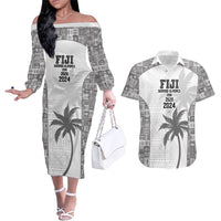 Custom Fiji Rugby Couples Matching Off The Shoulder Long Sleeve Dress and Hawaiian Shirt History Champions World Cup 7s - White LT9 White - Polynesian Pride