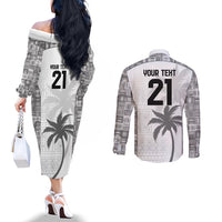 Custom Fiji Rugby Couples Matching Off The Shoulder Long Sleeve Dress and Long Sleeve Button Shirt History Champions World Cup 7s - White