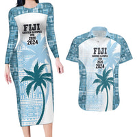 Custom Fiji Rugby Couples Matching Long Sleeve Bodycon Dress and Hawaiian Shirt History Champions World Cup 7s - Bllue LT9 Blue - Polynesian Pride