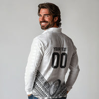 Custom Rugby Fiji National Heritage Long Sleeve Polo Shirt White Traditional Masi Inspired