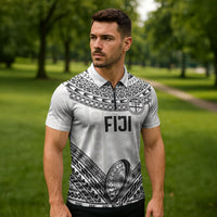 Custom Rugby Fiji National Heritage Zipper Polo Shirt White Traditional Masi Inspired