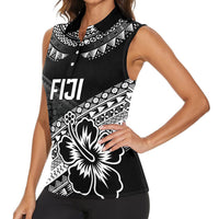 Custom Rugby Fiji Women Sleeveless Polo Shirt Black Traditional Masi Inspired