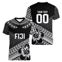 Custom Rugby Fiji Women V-Neck T-Shirt Black Traditional Masi Inspired