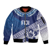 Custom Rugby Fiji Sleeve Zip Bomber Jacket Blue Traditional Masi Inspired