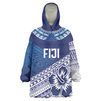 Custom Rugby Fiji Wearable Blanket Hoodie Blue Traditional Masi Inspired