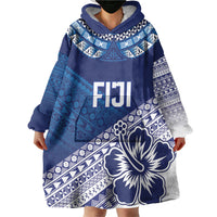 Custom Rugby Fiji Wearable Blanket Hoodie Blue Traditional Masi Inspired