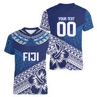 Custom Rugby Fiji Women V-Neck T-Shirt Blue Traditional Masi Inspired