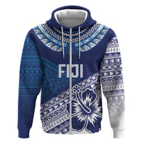 Custom Rugby Fiji Zip Hoodie Blue Traditional Masi Inspired