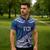 Custom Rugby Fiji Zipper Polo Shirt Blue Traditional Masi Inspired LT9 - Polynesian Pride