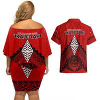 Tonga Rugby Couples Matching Off Shoulder Short Dress and Hawaiian Shirt Proud Tongan Ngatu Kupesi World Cup 2023 No2 LT9 - Polynesian Pride