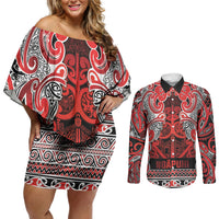 Aotearoa Iwi Ngapuhi Couples Matching Off Shoulder Short Dress and Long Sleeve Button Shirt Maori Wharenui House Tribal Pattern LT9 Red - Polynesian Pride