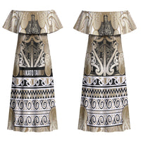 Aotearoa Iwi Waikato Tainui Couples Matching Off Shoulder Maxi Dress and Long Sleeve Button Shirt Maori Wharenui House Tribal Pattern LT9 - Polynesian Pride