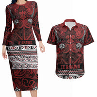 Aotearoa Iwi Te Arawa Couples Matching Long Sleeve Bodycon Dress and Hawaiian Shirt Maori Wharenui House Tribal Pattern LT9 Dark Red - Polynesian Pride