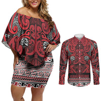 Aotearoa Iwi Ngati Kahungunu Couples Matching Off Shoulder Short Dress and Long Sleeve Button Shirt Maori Wharenui House Tribal Pattern LT9 Dark red - Polynesian Pride