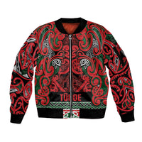 Aotearoa Iwi Tuhoe Sleeve Zip Bomber Jacket Maori Wharenui House Tribal Pattern LT9 Unisex Green Red - Polynesian Pride