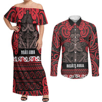 Aotearoa Iwi Ngati Awa Couples Matching Off Shoulder Maxi Dress and Long Sleeve Button Shirt Maori Wharenui House Tribal Pattern LT9 Red - Polynesian Pride