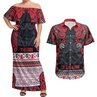 Aotearoa Iwi Te ati Awa Couples Matching Off Shoulder Maxi Dress and Hawaiian Shirt Maori Wharenui House Tribal Pattern LT9 Bright Red - Polynesian Pride