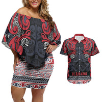 Aotearoa Iwi Te ati Awa Couples Matching Off Shoulder Short Dress and Hawaiian Shirt Maori Wharenui House Tribal Pattern LT9 Bright Red - Polynesian Pride