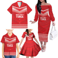 Custom Mate Ma'a Tonga Heritage Family Matching Off The Shoulder Long Sleeve Dress and Hawaiian Shirt Pacific Tribal Rugby Red Edition LT9 - Polynesian Pride