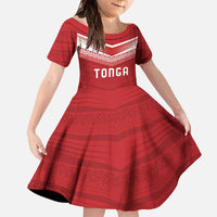 Custom Pacific Rugby Spirit Family Matching Off The Shoulder Long Sleeve Dress and Hawaiian Shirt Tonga Ngatu Pride Red Edition LT9 Daughter's Dress Red - Polynesian Pride
