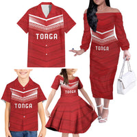 Custom Pacific Rugby Spirit Family Matching Off The Shoulder Long Sleeve Dress and Hawaiian Shirt Tonga Ngatu Pride Red Edition LT9 - Polynesian Pride