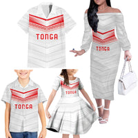 Custom Pacific Rugby Spirit Family Matching Off The Shoulder Long Sleeve Dress and Hawaiian Shirt Tonga Ngatu Pride White Edition LT9 - Polynesian Pride