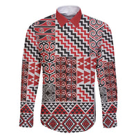 Aotearoa Kowhaiwhai Taniko Patchwork Motifs Family Matching Long Sleeve Bodycon Dress and Hawaiian Shirt LT9 Dad's Shirt - Long Sleeve Red - Polynesian Pride