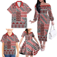 Aotearoa Kowhaiwhai Taniko Patchwork Motifs Family Matching Off The Shoulder Long Sleeve Dress and Hawaiian Shirt LT9 - Polynesian Pride