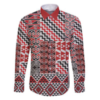 Aotearoa Kowhaiwhai Taniko Patchwork Motifs Family Matching Off The Shoulder Long Sleeve Dress and Hawaiian Shirt LT9 Dad's Shirt - Long Sleeve Red - Polynesian Pride