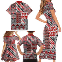 Aotearoa Kowhaiwhai Taniko Patchwork Motifs Family Matching Short Sleeve Bodycon Dress and Hawaiian Shirt LT9 - Polynesian Pride