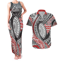 Aotearoa Maori Rugby Tribal Tattoo Couples Matching Tank Maxi Dress and Hawaiian Shirt Kowhaiwhai Taniko Patchwork Motifs LT9 Red - Polynesian Pride