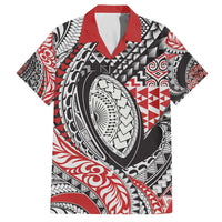 Aotearoa Maori Rugby Tribal Tattoo Family Matching Off The Shoulder Long Sleeve Dress and Hawaiian Shirt Kowhaiwhai Taniko Patchwork Motifs LT9 Dad's Shirt - Short Sleeve Red - Polynesian Pride
