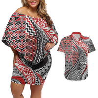 Aotearoa Maori Tribal Tattoo Couples Matching Off Shoulder Short Dress and Hawaiian Shirt Kowhaiwhai Taniko Patchwork Motifs LT9 Red - Polynesian Pride
