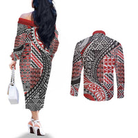 Aotearoa Maori Tribal Tattoo Couples Matching Off The Shoulder Long Sleeve Dress and Long Sleeve Button Shirt Kowhaiwhai Taniko Patchwork Motifs LT9 - Polynesian Pride