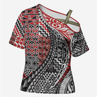 Aotearoa Maori Tribal Tattoo Cross Shoulder Shirt Kowhaiwhai Taniko Patchwork Motifs - Polynesian Pride
