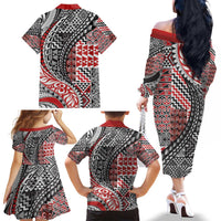 Aotearoa Maori Tribal Tattoo Family Matching Off The Shoulder Long Sleeve Dress and Hawaiian Shirt Kowhaiwhai Taniko Patchwork Motifs LT9 - Polynesian Pride