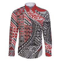 Aotearoa Maori Tribal Tattoo Family Matching Off The Shoulder Long Sleeve Dress and Hawaiian Shirt Kowhaiwhai Taniko Patchwork Motifs LT9 Dad's Shirt - Long Sleeve Red - Polynesian Pride