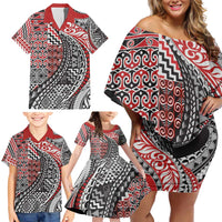 Aotearoa Maori Tribal Tattoo Family Matching Off Shoulder Short Dress and Hawaiian Shirt Kowhaiwhai Taniko Patchwork Motifs LT9 - Polynesian Pride