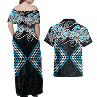 Blue Aotearoa Tukutuku Manawa Tapu Couples Matching Off Shoulder Maxi Dress and Hawaiian Shirt Ta Moko Toi Maori LT9 - Polynesian Pride